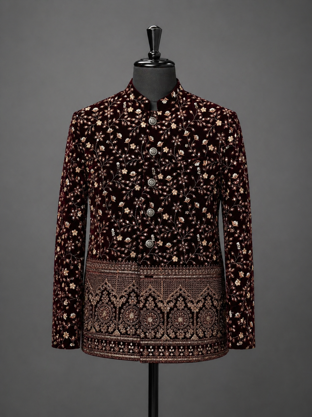 Opulent burgundy velvet jodhpuri display