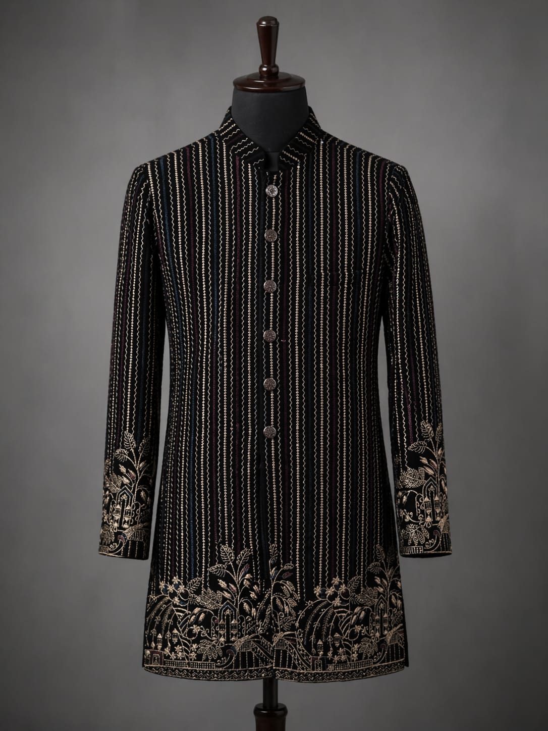 Black Striped Embroidered Sherwani – Heritage Elegance with Modern Detail