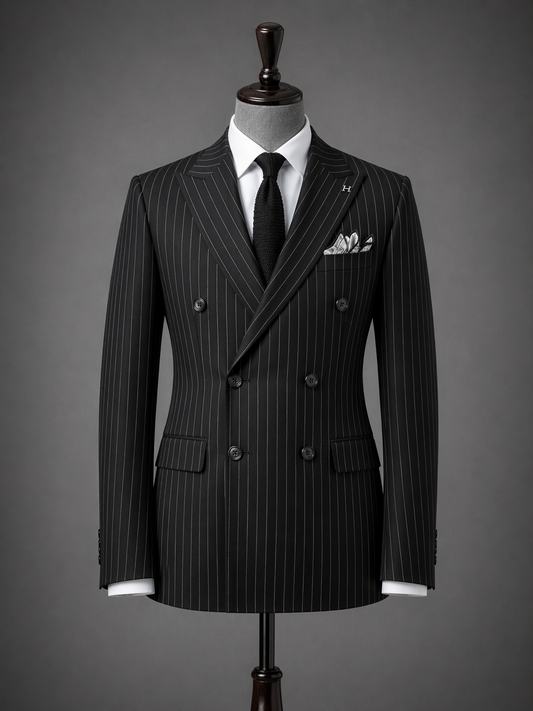 Black Pinstripe Double-Breasted Suit – Refined Power Dressing