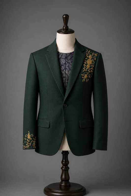 Elegant green blazer with gold embroidery
