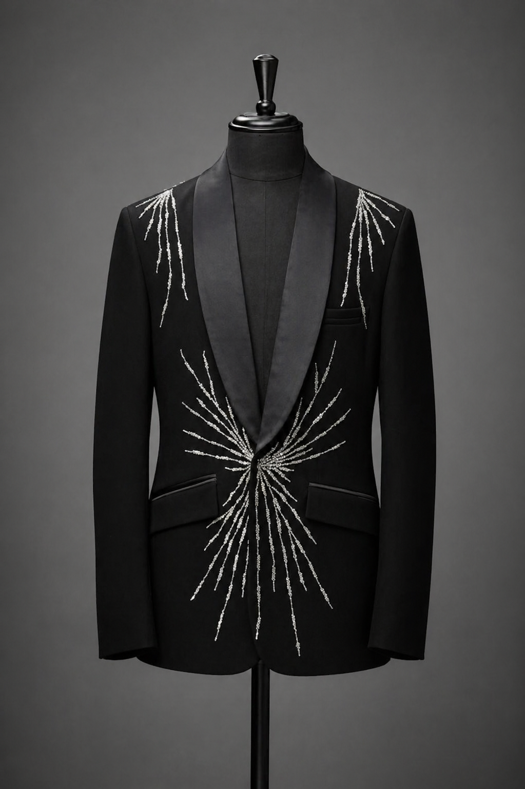 Elegant black tuxedo jacket with embellishments