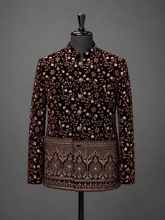 Opulent burgundy velvet jodhpuri display