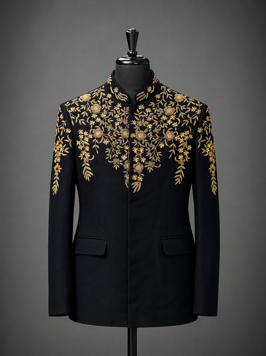 Elegant embroidered black jodhpuri displayed