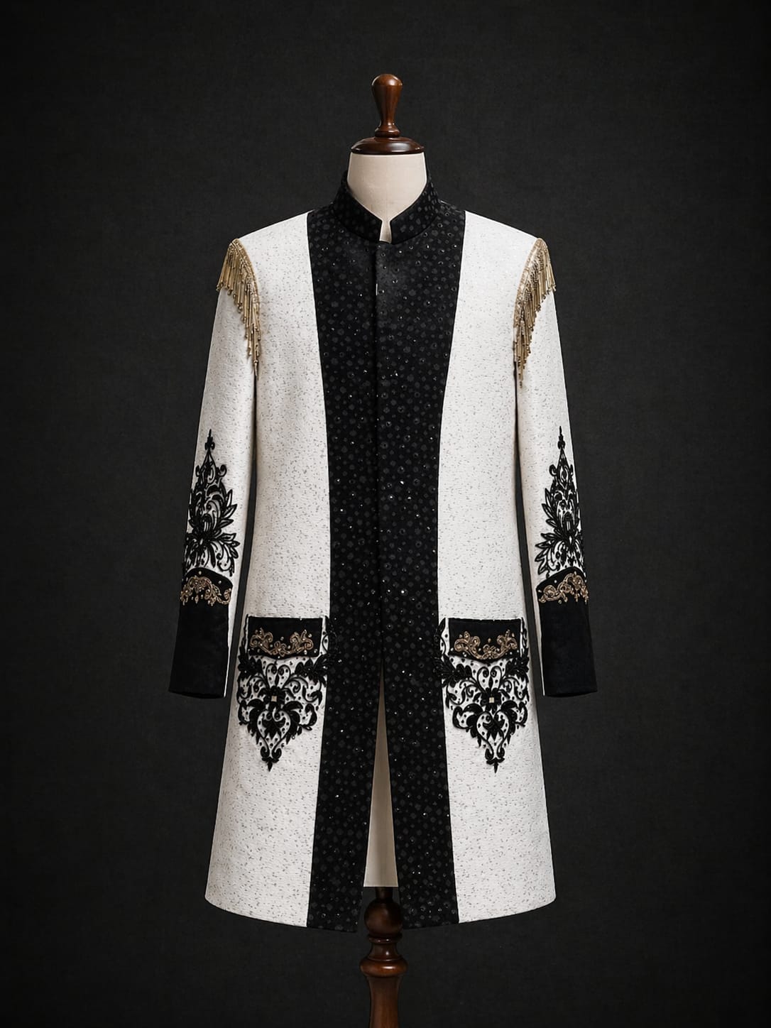 Ivory & Black Embroidered Sherwani – Regal Statement Wear