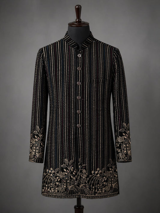 Black Striped Embroidered Sherwani – Heritage Elegance with Modern Detail