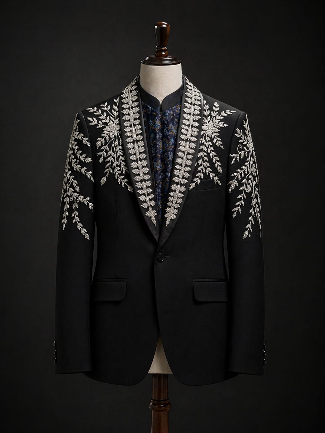 Black Embroidered Tuxedo Suit – Regal Evening Elegance