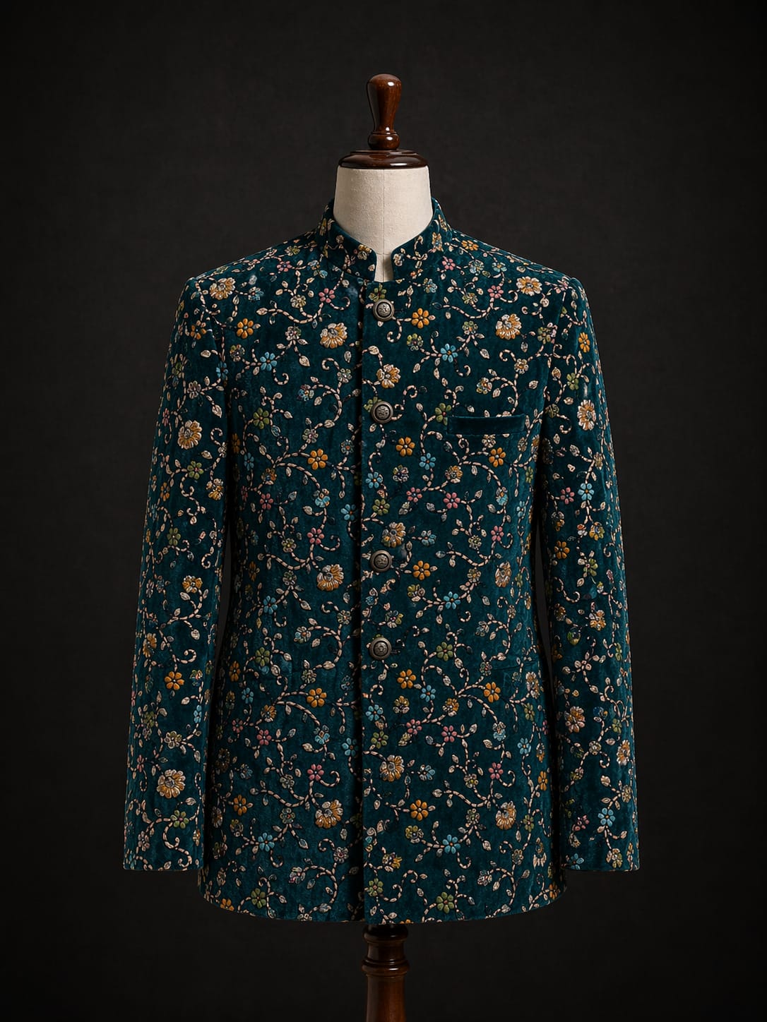 Teal Floral Jodhpuri Suit – Royal Heritage with Artistic Flair