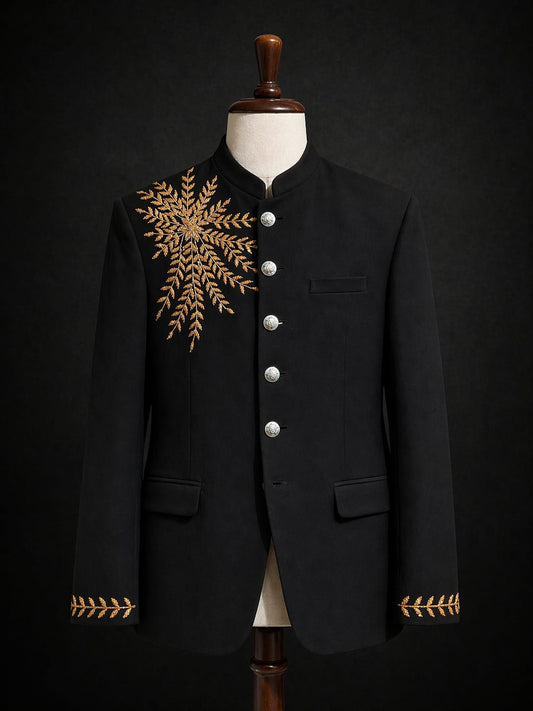 Black tailored jacket with gold embroidery